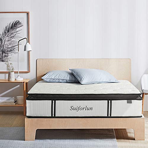 Suiforlun Queen Mattress – 12 Inch Luxury Pillow Top Hybrid Mattress, Gel Memory Foam and Individually Encased Coils Innerspring Mattress, Medium Firm, Back Pain Relief, CertiPUR-US, Queen Size