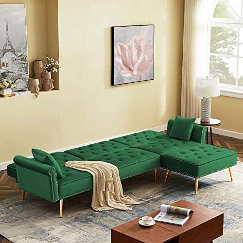 HOMMOO 110” Modern Reversible Sectional Couch for Living Room Velvet L Shaped Couch with Removable Ottoman Nailhead Trim 3 Seater Sofa with Metal Gold Legs Green
