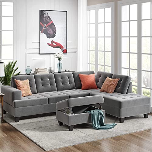 RINIMEI L-Shaped Tufted Cushion Corner Couch Microfiber Upholstery Sectional Sofa Easy Assemble with Storage Ottoman and Reversible Chaise Lounge for Home & Apartment Living Room Furniture Sets, Gray