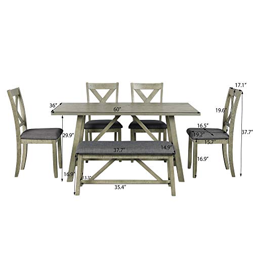 Harper & Bright Designs 6 Piece Rustic Style Dining Table Set Wood Kitchen Table Set with Table, Bench and 4 Chairs, Gray