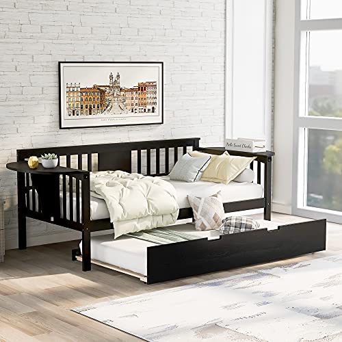 Twin Size Daybed with Trundle, Wood Twin Bed Frame with Built-in End Table and Twin Trundle Sofa Bed for Living Room, Guest Room, Wood Slat Support No Box-Spring Needed,