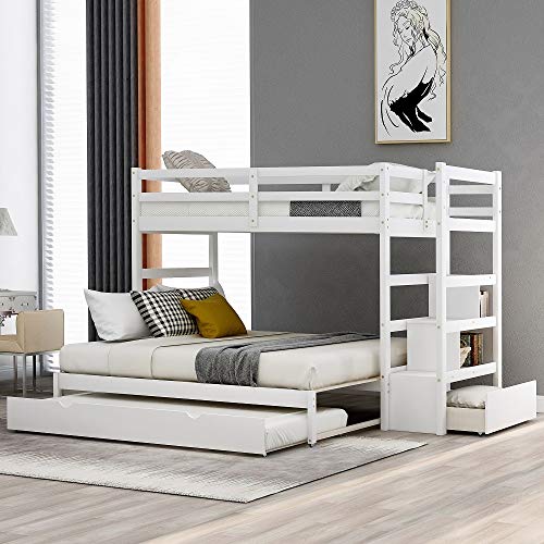 Twin Over King Bunk Beds with Trundle and Storage Drawers Bunk Beds Twin Over Twin Pull-Out Trundle Bunk Beds, Solid Wood, No Box Spring Needed