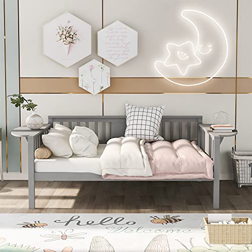 Full Size Daybed Frame, Wooden Daybed for Kids Teens Guests. No Box Spring Needed, Bedroom Living Room Furniture (Gray)
