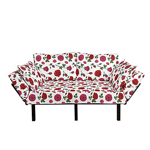 Ambesonne Flowers Futon Couch, Floral Theme Romantic Illustration Along Pink Roses on Plain Background, Daybed with Metal Frame Upholstered Sofa for Living Dorm, Loveseat, Green and Dark Pink