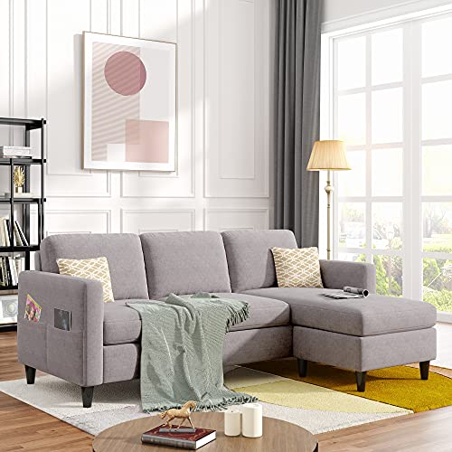 AWQM Convertible Sectional Sofa Couch, L-Shaped Couch 3-Seat Sofas with Reversible Chaise, Modern Linen Fabric Upholstered Sofa for Small Space, Living Room and Apartment, Grey