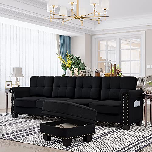 106INCH Sectional 4-Seat Sofa Couch with Movable Storage Ottoman，Scrolled Arm and Nailhead Trim, Sofa Couch for Family Living Room
