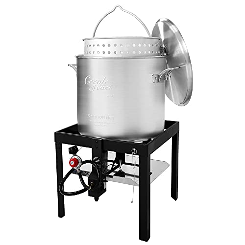 Creole Feast SBK1001 Seafood Boiling Kit with Strainer, Outdoor Aluminum Propane Gas Boiler with 10 PSI Regulator, Silver