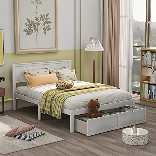 Full Bed with Drawers ,Wood Bed Frame with Storage , Wooden Platform Bed with Headboard for Kids Boys, Girls, Kids, Young Teens and Adults, White