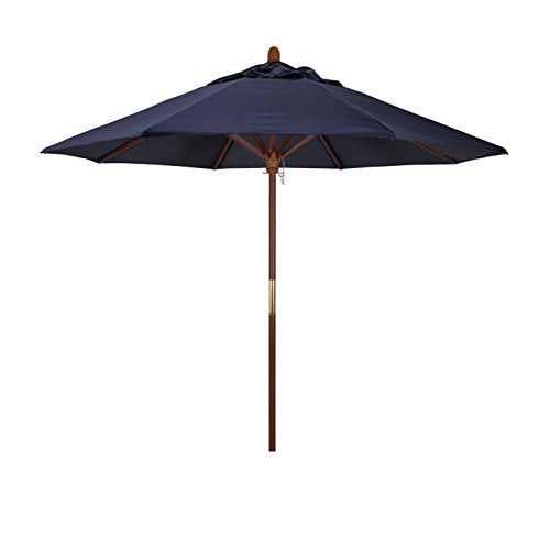 California Umbrella 9' Rd. Wooden Market Umbrella, Push Open Pin Stop , Sunbrella Navy