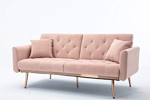 Futon Velvet Accent Loveseat Sofa Bed, Convertible Sleeper Sofa with Pillows, Leisure Couch with Gold Metal feet for Small Space, Living Room, Office (S Pink)