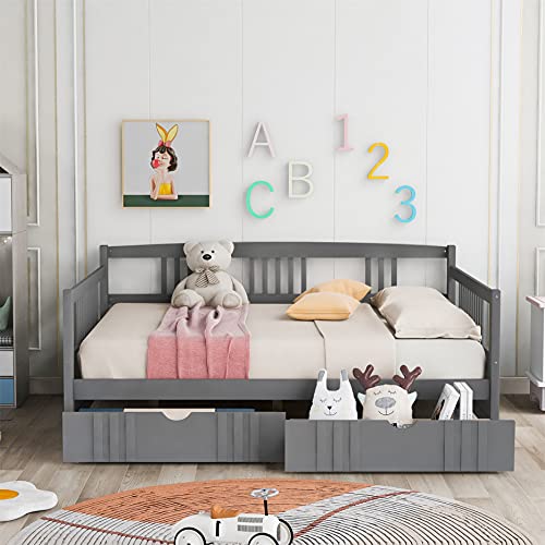 Full Size Daybed with Storage Drawers, Wood Daybed Frame with 2 Drawers, for Kids Teens Guests. No Box Spring Needed, Bedroom Living Room Furniture (Gray)