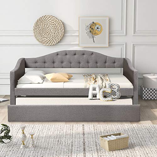 Twin Daybed with Trundle, Upholstered Twin Size Daybed Sofa Bed for Bedroom Living Room, Grey