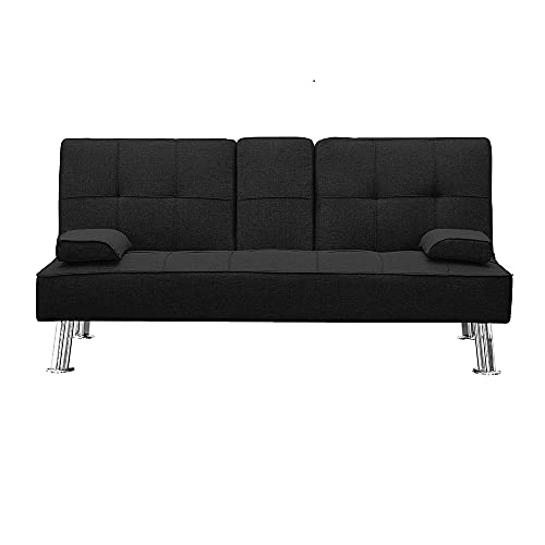 UNIROI Faux Leather 3 Piece Futon Sofa Bed Living Room Furniture Set, 2 Seater Fabric Convertible Folding Couch with Cup Holders Removable Armrest,Single Chair with Ottoman, Black C