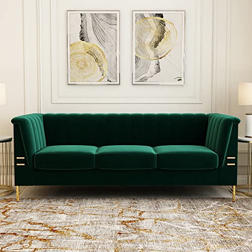 Newly 83.46 Inch Chesterfield Sofa Couch, Modern Velvet 3 Seater Couch with Stripe Back for Living Room, Bedroom, Apartment (Green)