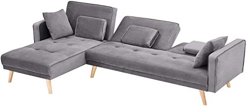 LinkRomat Sectional Sofa, Modern Soft Velvet Fabric L-Shape Chaise Lounge, Classic Convertible Couch with Pillow and headrest for Living Room Furniture, Grey
