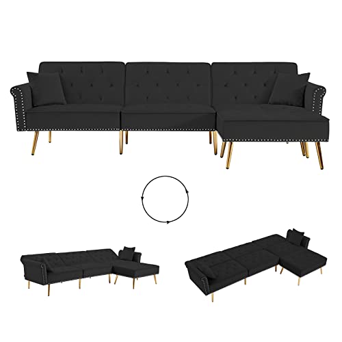 Modern Sofa Bed Couch,Living Room Furniture Sofa Ottoman Set with 3 Levels Adjustable Back and Nailhead Trim,Tufted Velvet Reversible Sectional Couchs with Gold Metal Legs (Black)