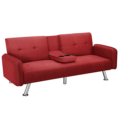 Futon Sofa Bed, Loveseat Sofa with 2 Cup Holders, Convertible Folding Recliner Sleeper Couch Bed, Mid Century Modern Sofas for Home Living Room Bedroom, Red 74.8” x 30.3” x 30.7”H