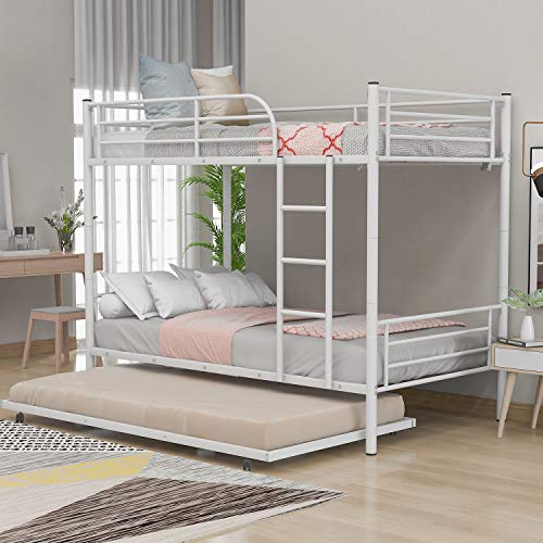 Harper & Bright Designs Twin-Over-Twin Metal Bunk Bed with Trundle, Guard Rails and Removable Ladder for Kids Teens Adults, Heavy Duty Bunk Bed Can be Divided into Two Beds, White