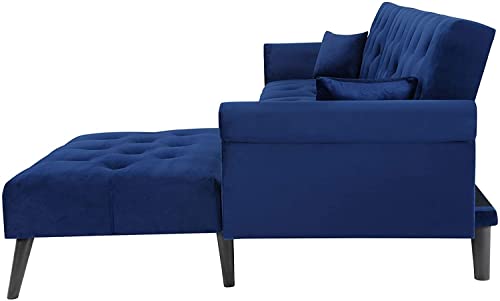 RINIMEI Elegant Velvet Upholstered Sectional Sofa L-Shaped Button Tufted Nails Decor Sofá with 2 Pillows Convertible Sleeper Couch Bed W/Reversible Chaise Longue for Living Room Furniture Sets, Blue