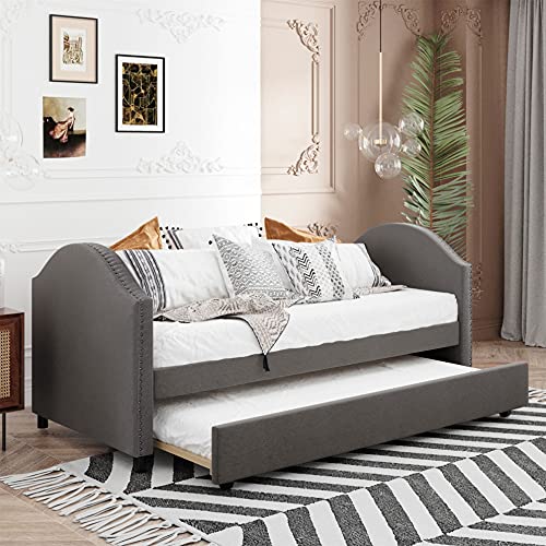 Twin Size Upholstered Daybed with Twin Size Trundle, Upholstered Daybed Sofa Bed Frame for Living Room Bedroom, Gray