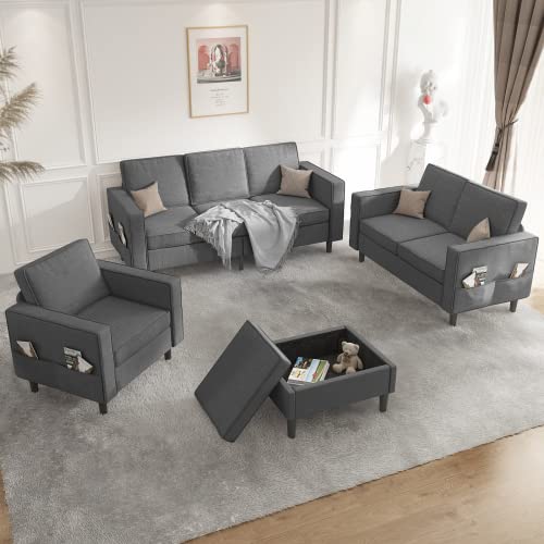 Mjkone Convertible Sectional Sofa Couch with Storage Ottoman, 4 Pcs Couch Set with Storage Pockets, Sectional Couches for Living Room, 3-Seater +Ottoman +1-Loveseat +1-Seater (Dark Gray)
