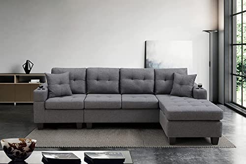 STARTOGOO 2022 New Modern Sectional Sofa Set for Living Room Bedroom, L Shape 4 Seat Couch w/Cup Holder and Left or Right Reversible Chaise, Gray