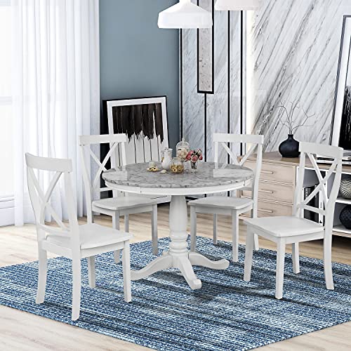 Timpfee Harper Bright Designs 5 Piece Dining Set Rubber Wood/ 1 Table with Marble Top and 4 Chair/Kitchen Room Dining Room Furniture (White)