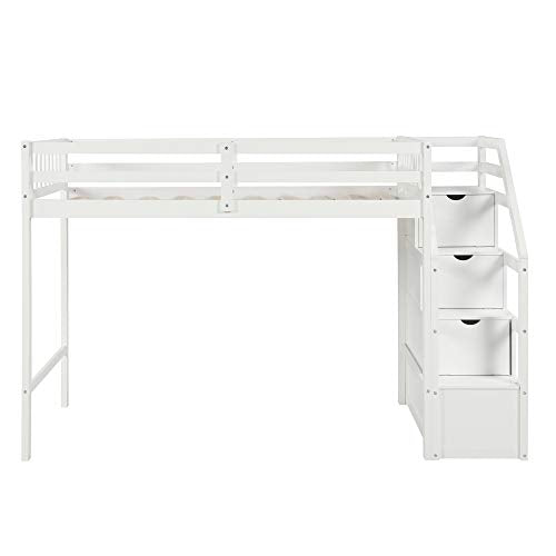 Twin Over Full Loft Bed with Storage, Wood Bunk Bed with Stairs, White