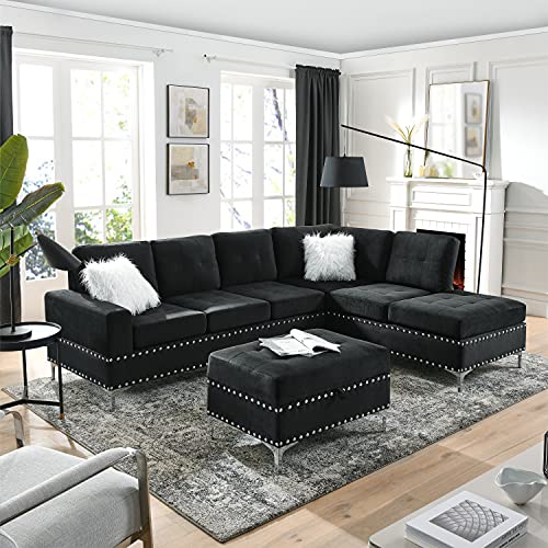 GAOFEIYANG 107.5” Sectional Sofa with Reversible Chaise, L-Shape Couch Living Room Furniture Set with Storage Ottoman and Cup Holders, Metal Legs and Copper Nails,Two White Villose Pillows, Black