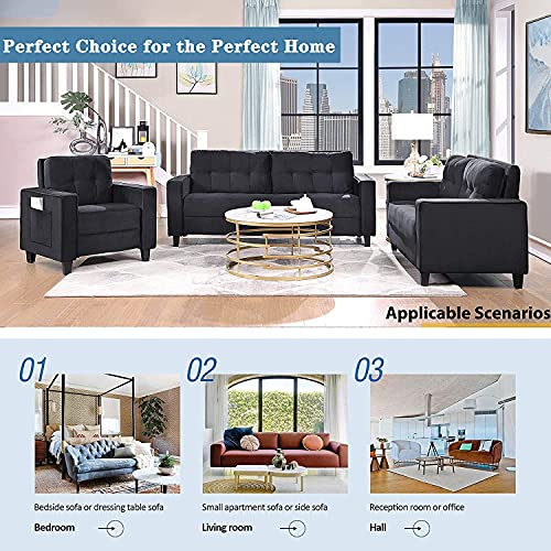 GAOPAN Modern 2 Piece Upholstered Sectional Sofa for Living Room Furniture Set Include Loveseat & Sofá Armchair,Stylish Velvet Tufted Cushion Couch Easy Assemble W/Side Pockets,Black
