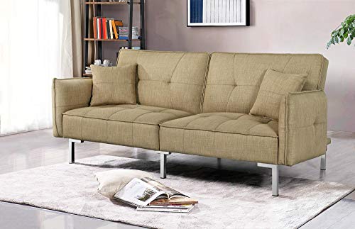 Topeakmart Sofa Couch Bed Daybed Foldable Futon Couch Sets Recliner Sofa Sleeper Living Room Home Office Furniture Linen Fabric Metal Legs 3 Angles Adjustable Khaki