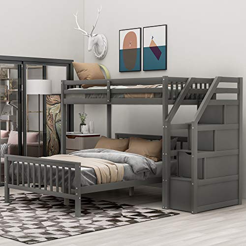 Twin Over Full Loft Bed for Kids Teens and Adults, Loft Bunk Bed Frame with 3 Storage, Guardrail and Ladder, Can be Separated into 2 Beds, No Box Springs Required (Grey)