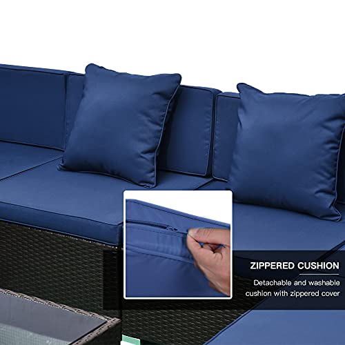 7 Piece Modern Rattan Wicker Garden Outdoor Furniture Modular Sectional Patio Set - Dark Coffee/Light Blue