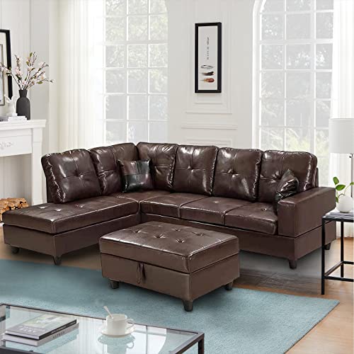 GAOJUCHUANG Faux Leather Sectional Sofa, Tufted Cushions for Home Living Room Furniture Set, Modern L-Shape Sofá PU Corner Couch W/Left Chaise Lounge & Storage Ottoman, Easy to Assemble (Brown)