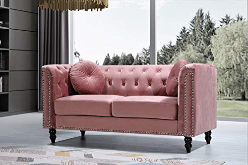 US Pride Furniture Modern Style High Density Foam 64.17'' Wide Rose Velvet Rolled Arm 2 Seater Chesterfield Living Room Removable Cushion & Solid Wood Legs (S5608-5613) Sofas