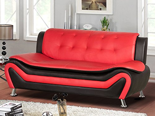 Container Furniture Direct Arul Mid Century Modern Leather Air Upholstered Living Room, Chair, Sofa, Red/Black