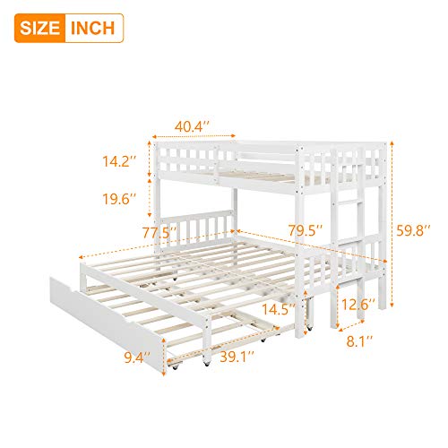 KLMM Twin Over Pull-Out Bunk Bed with Trundle, Wooden Twin Over Twin/Full/Queen/King Bunk Bed, Accommodate 4 People Extendable Bunk Beds with Ladder and Safety Rail (White)