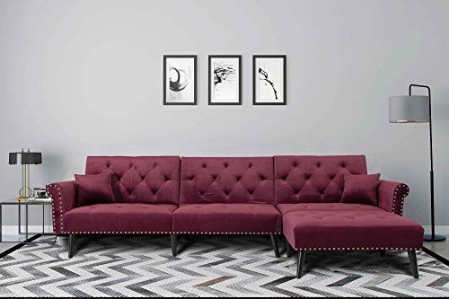 Upholstered Mid Century Sectional Sofa Futon Couch with Reversible Chaise with Adjustable Back Sofa Bed (Wine Red)