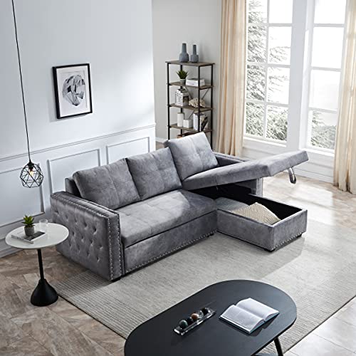 MOEO Polyester Blend Upholstery Sectional Sofa Convertible Pull-Out Sleeper Couch Bed, 91
