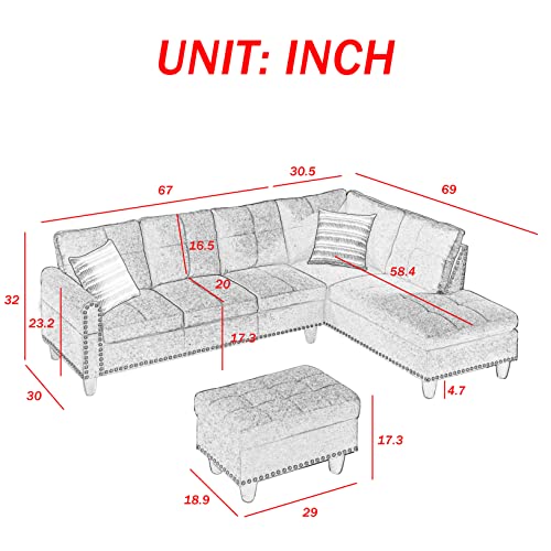 Harper & Bright Designs L-Shaped Modern Sectional Sofa Set with Right Chaise Lounge, Storage Ottoman and Cup Holder, 97.5