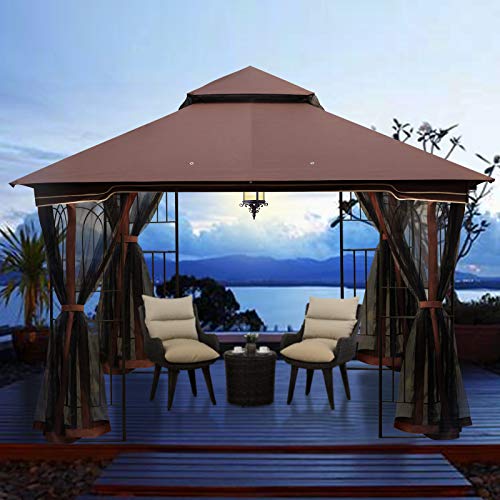 AVAWING 10FT Outdoor Patio Gazebo, Gazebo Tent with Netting, Double Waterproof Soft-top Canopy for Party, Backyard, Chocolate