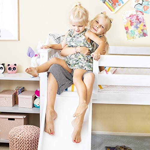 Max & Lily Low Bunk Bed with Slide and Pink Curtains, Twin, White