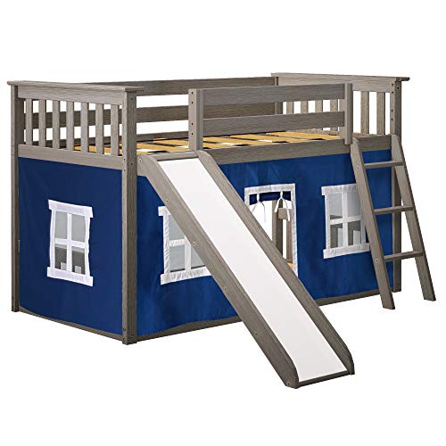 Max & Lily Low Bunk Bed with Slide and Blue Curtains, Twin, Clay