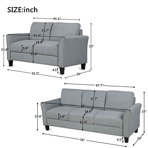 Cotoala 2 Piece Living Room Sectional Sofa Sets, Modern Upholstered Couch Furniture, One Three-Seat Chair & Loveseat, 2+3, Fabric Grey