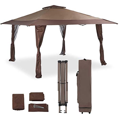 PHIVILLA 13' x 13' Outdoor Canopy Patio Gazebo Canopy Tent Pop-up with Elegant Corner Curtain for Backyard, Party, Family Outings, 169 Sq. Ft of Shade, Brown