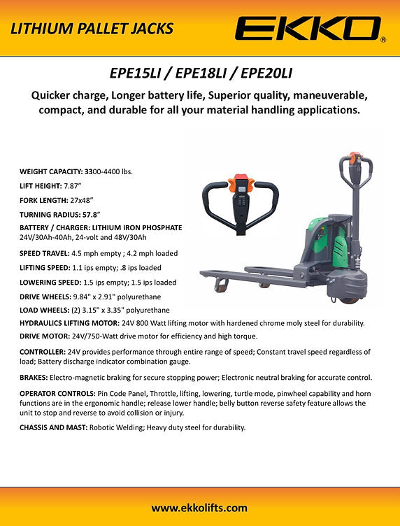Ekko EPE18LI Lithium Iron Phosphate Pallet Jack 4000 lb Capacity New