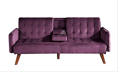 US Pride Furniture Classical Style Soft Round Arm 72’’ Wide Eggplant Purple Velvet Tufted Twin Size Convertible Sofa Bed with Solid Wooden Legs & High Density Foam (SB9070-9076) Sofabed