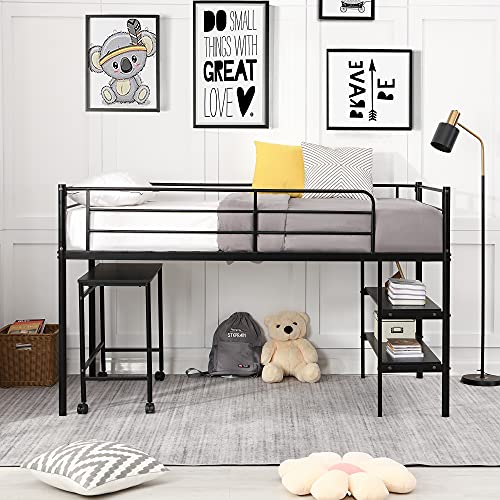 Loft Bed with Rolling Portable Desk, Metal Low Loft Bed with Shelves, Kids Loft Bed with Built-in-Desk for Kids and Teen, Boys, Girls(Black-B)