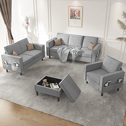 MUZZ Sectional Sofa Set - Sectional Couch with Storage Ottoman and Pockets, Convertible Sofa Couch for Living Room, Living Room Furniture Set, Sofa + Loveseat + Chair + Ottoman (Light Grey)