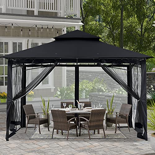 ABCCANOPY 10x10 Patio Gazebo for Patio Double Roof Soft Canopy with Netting Garden Backyard Gazebo for Shade and Rain, Black